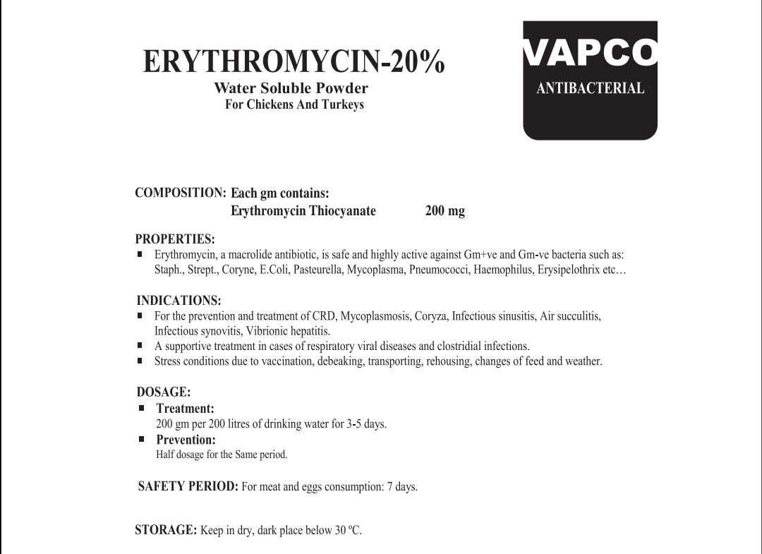 400 grams Erythromycin 20% powder for poultry