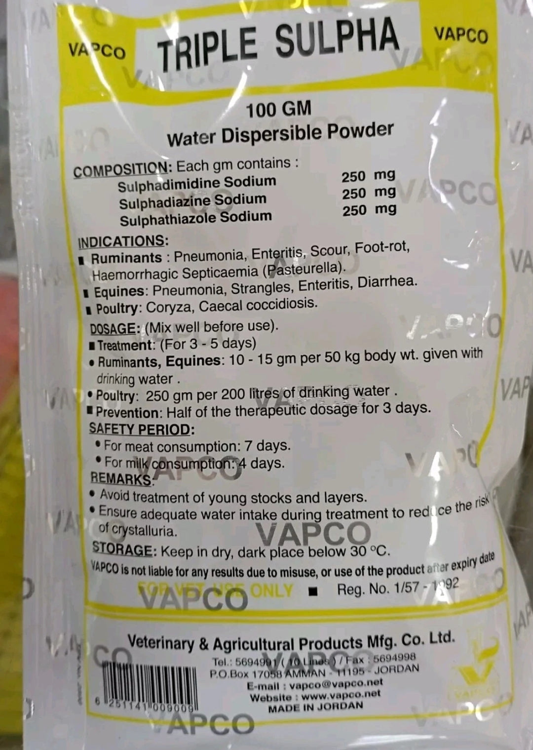 Vapco Triple Sulpha water dispersible powder packaging with detailed label.