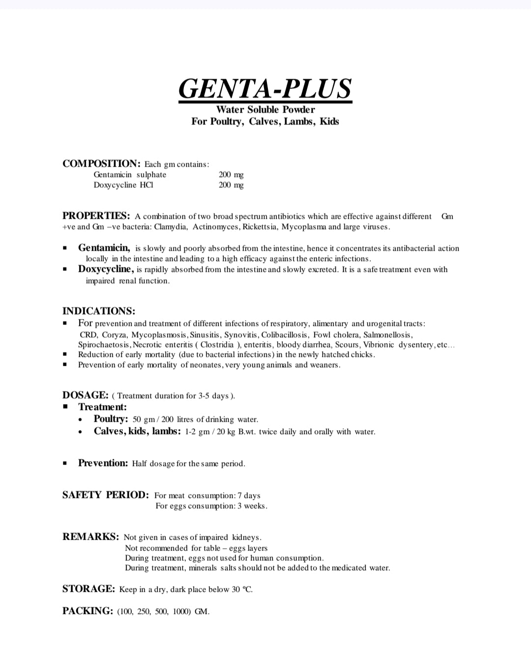 GENTA-PLUS For Poultry, Calves, Lambs, Kids