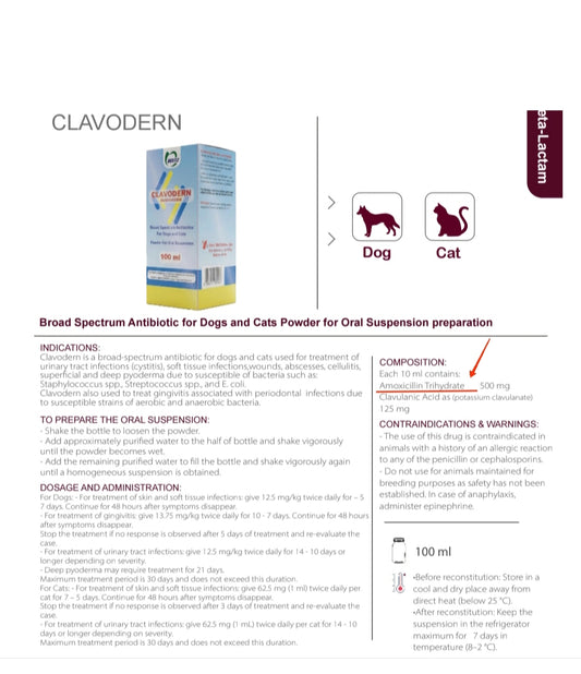 CLAVODERN 100 grams for Dog and Cat

Broad Spectrum Antibiotic for Dogs and Cats Powder for Oral Suspension preparation