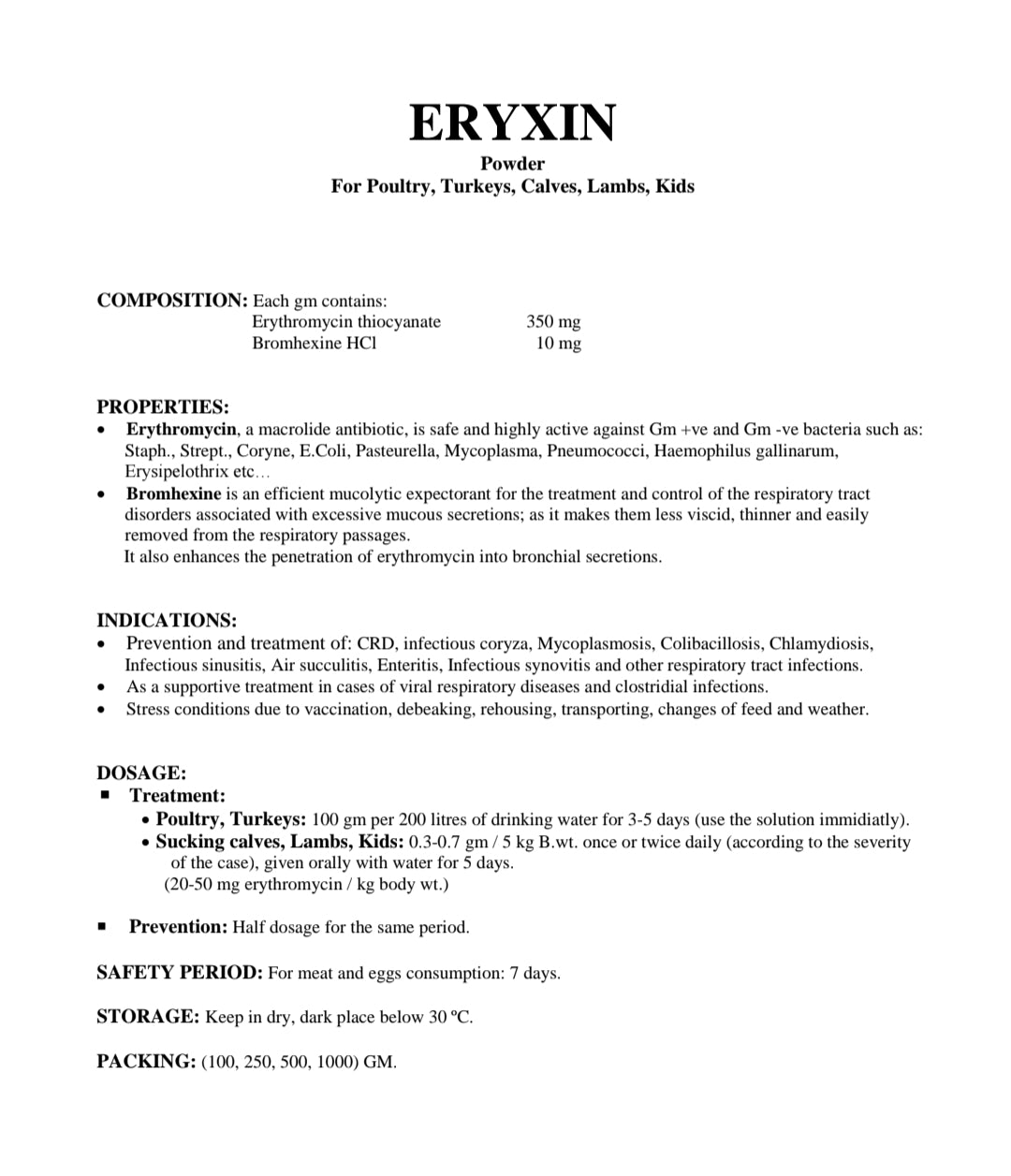 Eryxin 500 gram Powder For Poultry, Turkeys, Calves, Lambs, Kids